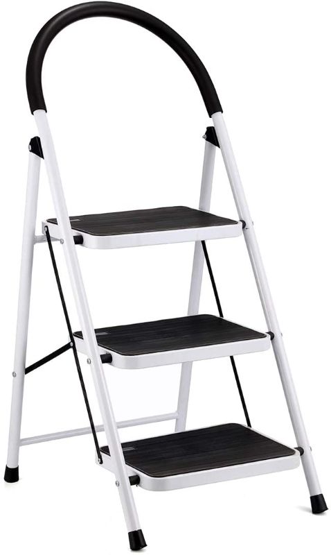 Photo 1 of 3 Step Ladder, Folding Step Stool with Rubber Wide Anti-Slip Pedal Sturdy Steel Ladder, Steel Ladder Hold Up to 350lbs for Household, Kitchen and Office, Silver (350lbs Capacity)
