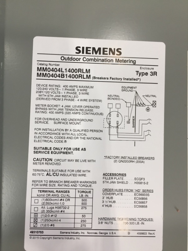 Photo 5 of Siemens MM0404L1400RLM 400-Amp Levery Bypass Meter Main Combination with and Ringless Cover
