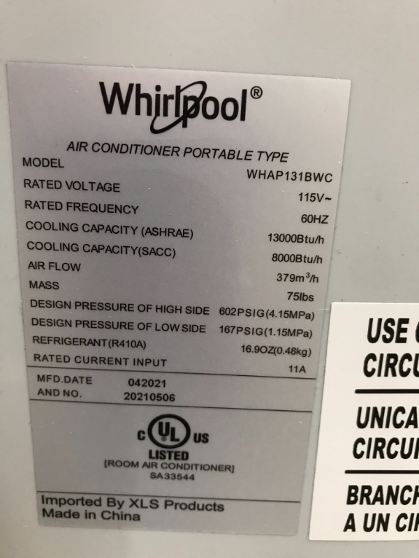 Photo 4 of Whirlpool WHAP13HBWC 8000 Portable Air Conditioner with 7600 BTU Heating, 27.900, White

//accessory is damaged//tested,working
