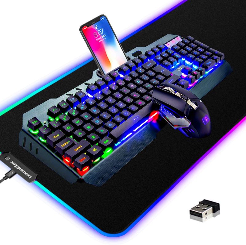 Photo 1 of Wireless Gaming Keyboard and Mouse Combo,3 in 1 Rainbow LED Rechargeable Keyboard Mouse with 3800mAh Battery Metal Panel,10 Colors RGB Gaming Mouse Pad (32.5x12x0.15 inch),7 Colors Mute Gaming Mouse
//powers on when plugged in// unable to fully test 