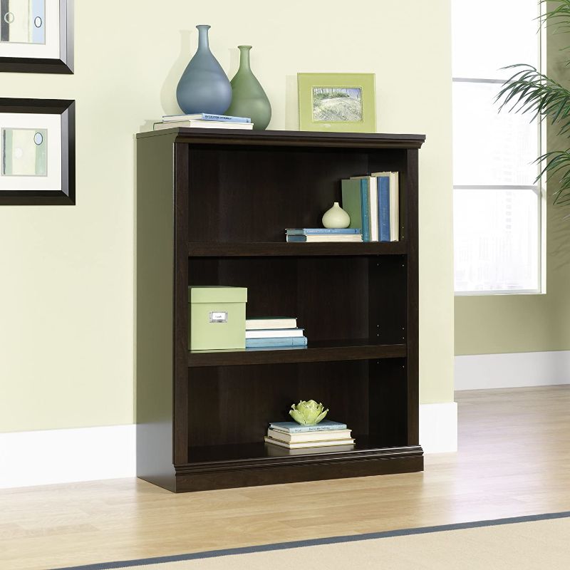 Photo 1 of Sauder Select Collection 3-Shelf Bookcase, (Assembled dimensions: L: 35.276" x W: 13.307" x H: 43.78"// WOOD,, COLOR: BLACK,, USED,, INSTRUCTIONS INCLUDED,, NO HARDWARE,, SCRATCHES/COSMETIC DAMAGE 