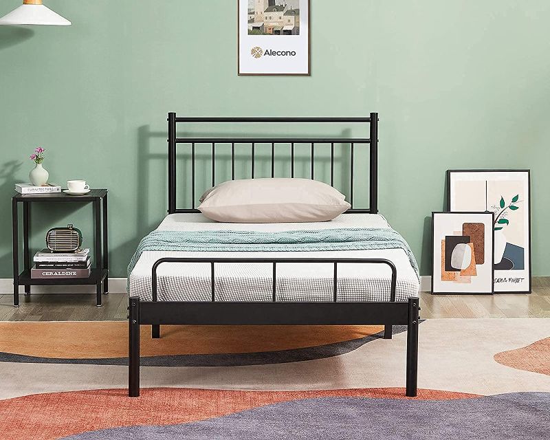 Photo 1 of Alecono Twin Bed Frame with Lined Shaped Headboard Mattress Foundation Metal Platform Beds Frame No Box Spring Needed Black