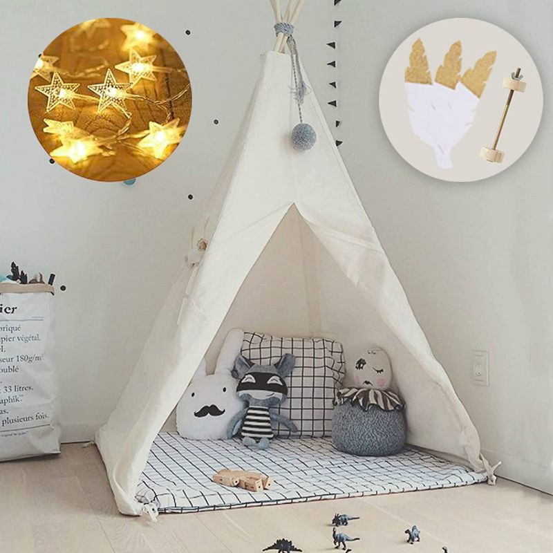 Photo 1 of 
little dove Kids Foldable Teepee Play Tent with Carry Case, Banner, Fairy Lights, Feathers, Floor Mat , Four Ploes Style Raw White Color - New Version
Color:Teepee Set