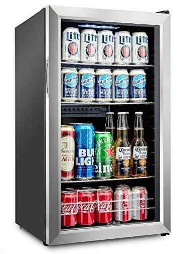 Photo 1 of Ivation 126 Can Beverage Refrigerator | Freestanding Ultra Cool Mini Drink Fridge | Beer, Cocktails, Soda, Juice Cooler for Home & Office | Reversible Glass Door & Adjustable Shelving, Stainless Steel
