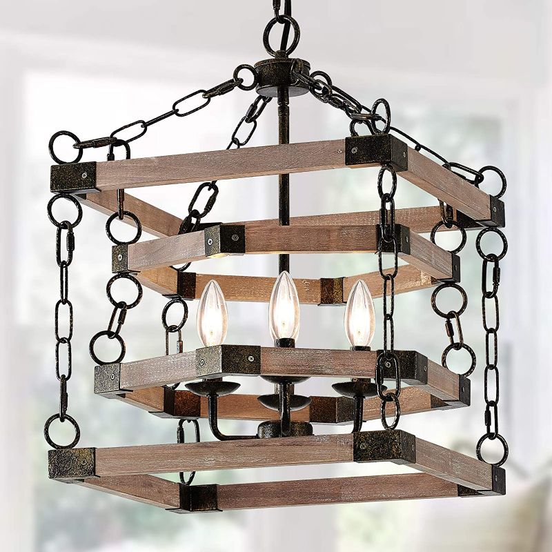 Photo 1 of 4-Light Modern Rustic Vintage Wooden Farmhouse Chandelier,Hanging Lighting Fixture Retro Rustic Ceiling Lamp Orb Wood Chandelier for Kitchen Island Dining Room Hallway Foyer
