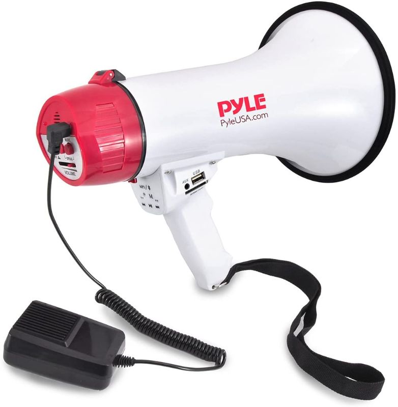 Photo 1 of Pyle Bluetooth Bullhorn PA Megaphone - iPhone Megaphone Speaker with Wired Microphone, Siren Alarm Mode, MP3/USB/SD Readers - PMP42BT_0, Red/White
