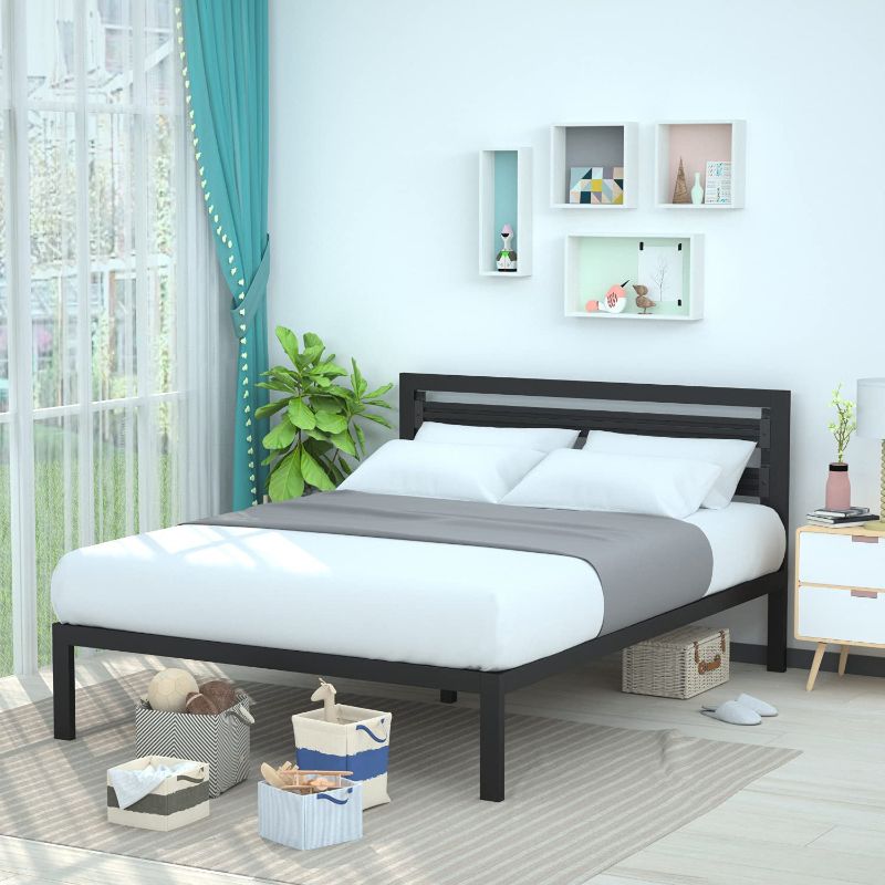 Photo 1 of Amazon Basics Metal Bed with Modern Industrial Design Headboard - 14 Inch Height for Under-Bed Storage - Wood Slats - Easy Assemble, Queen, Black...***MAY NOT BE A COMPLETE ITEM**, **PACKAGE SEVERELY DAMAGED**, **PREVIOUSLY OPENED**


