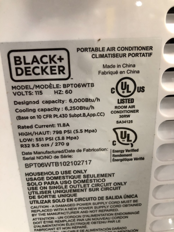 Photo 4 of BLACK+DECKER BPT06WTB Portable Air Conditioner, 6,000 BTU SACC/CEC (10,000 BTU ASHRAE), White
