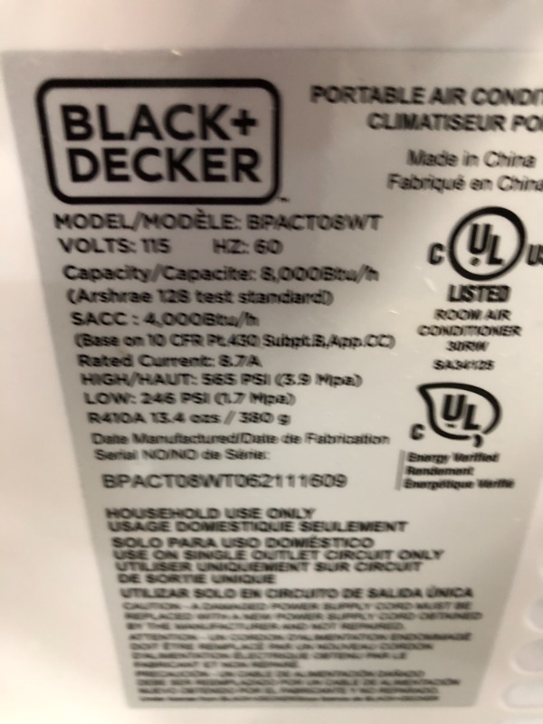 Photo 4 of BLACK+DECKER BPT06WTB Portable Air Conditioner, 6,000 BTU SACC/CEC (10,000 BTU ASHRAE), White
