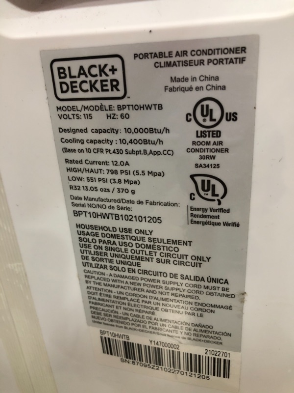 Photo 5 of BLACK+DECKER BPT10HWTB Portable Air Conditioner with Heat, 10,000 BTU SACC/CEC (14,000 BTU ASHRAE), Cools Up to 450 Square Feet, White...**AC CORD DAMAGED***