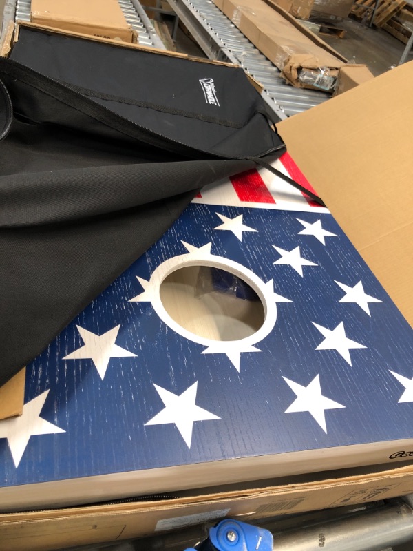 Photo 2 of GoSports Regulation Size Solid Wood Cornhole Set – American Flag Design – Includes Two 4’ x 2’ Boards, 8 Bean Bags, Carrying Case and Game Rules