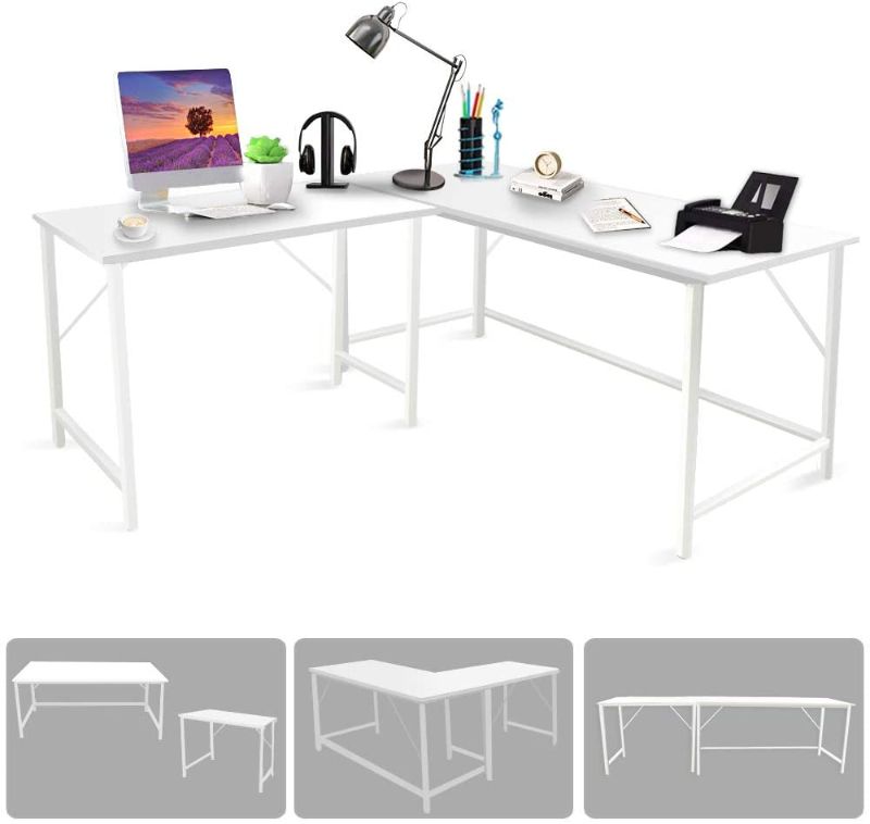 Photo 1 of Bizzoelife L Shaped Large Corner Desk, 94.5" White Large 2 Person Reversible Corner Table, Adjustable Long Desk or Two Gaming Computer Desks, Student Tables Writing Workstation for Home Office PC
