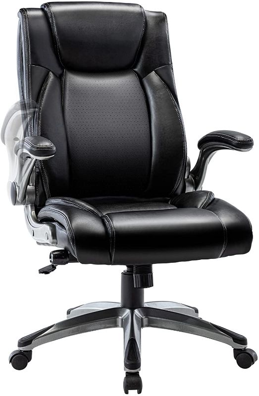 Photo 1 of High Back Office Chair with Flip-up Arms, Executive Computer Desk Chair Bonded Leather Built-in Lumbar Support Metal Base, for Office Work Men Adults & Women
