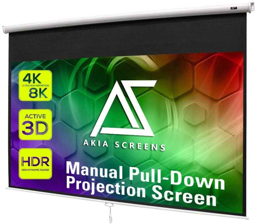 Photo 1 of Akia Screens 100 inch Projector Screen Pull Down Manual B 16:9 8K 4K HD 3D Ceiling Wall Mount White Portable Projection Screen Retractable Auto Locking for Indoor Movie Home Theater Office AK-M100H1
