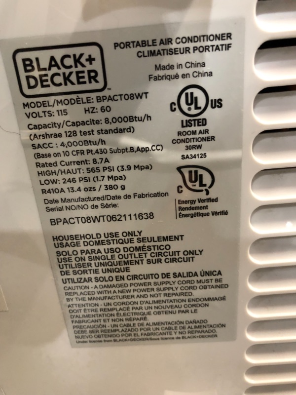 Photo 7 of BLACK+DECKER BPACT08WT Portable Air Conditioner with Remote Control, 5,000 BTU DOE (8,000 BTU ASHRAE), Cools Up to 150 Square Feet, White
