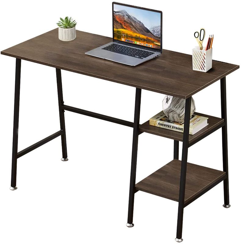 Photo 1 of VECELO Computer Writing Desks Wooden Study Table with 2 Tier Storage Shelves on Left or Right for Laptops, Modern Simple Workstation with Metal Frame for Home Office, 43x20 inch, Brown
