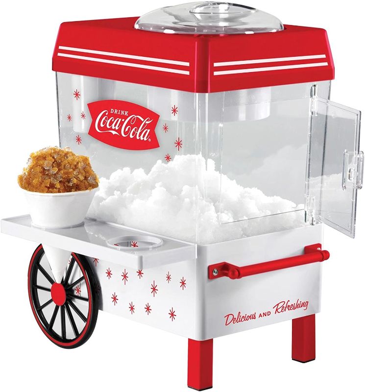 Photo 1 of Nostalgia SCM550COKE Coca-Cola Countertop Snow Cone Maker Makes 20 Icy Treats, Includes 2 Reusable Plastic Cups & Ice Scoop – White/Red
