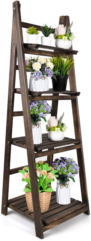 Photo 1 of Amoy Foldable Indoor Plant Stand – Outdoor Plant Ladder Plant Shelf Flower Pot Holder with Shelves 4 Tier Folding Stand Flower Pot Ladder Display Shelf Patio Rustic Wood Stand Free Standing