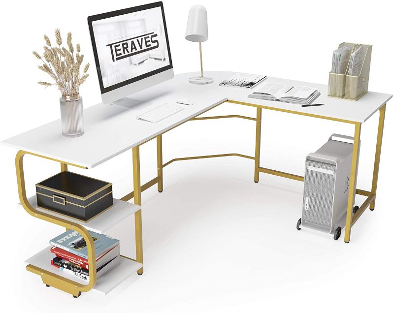 Photo 1 of Teraves Reversible L Shaped Desk with Shelves Round Corner Computer Desk Gaming Table Workstation for Home Office