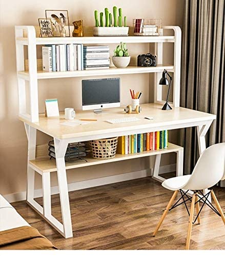 Photo 1 of Leconte Computer Desk with Hutch, 47” Writing Study Table + Book and Storage Shelves, Space Saving Home Office Workstation, Rustic White