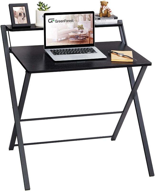 Photo 1 of GreenForest Folding Computer Desk, 2 Tier with Shelf Space Saving Study Writing Desk Laptop Table for Home Office No Assembly Needed, Black