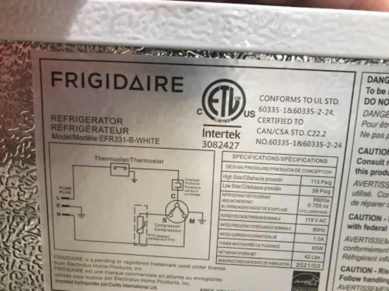 Photo 7 of NOT FUNCTIONAL ONLY FREEZER GETS COLD 
FRIGIDAIRE EFR331-WHITE 3.2 Cu ft Eraser Board Mini Compact Dorm Fridge (White)