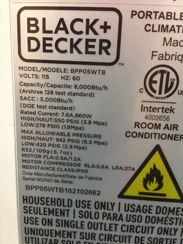 Photo 6 of BLACK+DECKER BPP05WTB Portable Air Conditioner with Remote Control, 5, 000 BTU SACC/CEC , Cools Up to 150 Square Feet, White