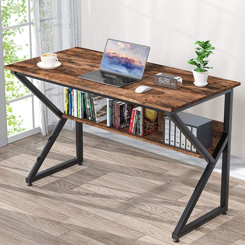 Photo 1 of NOBLEWELL Computer Desk with Bookshelf, 47 Inches Computer Writing Desk with Storage,Wood and Metal Frame Desk for Home Office Study Gaming, Vintage Brown
