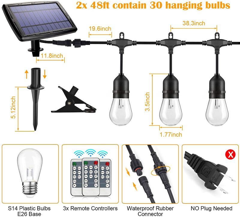 Photo 1 of 2 Pack Each 48FT 3-Color in 1 Solar String Lights Outdoor,Solar Patio Lights Dimmable with Remote,30+5 Waterproof Shatterproof LED Bulbs,Outdoor/Indoor...