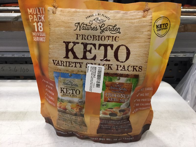 Photo 1 of  Nature’s Garden Probiotic Keto Variety Snack Packs (18 Bags) (Keto Snack Mix) EXP DATE 12-2021   ( Bag is Damage)