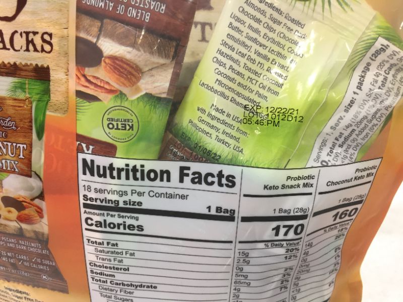 Photo 2 of  Nature’s Garden Probiotic Keto Variety Snack Packs (18 Bags) (Keto Snack Mix) EXP DATE 12-2021   ( Bag is Damage)