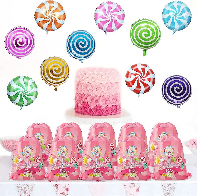 Photo 1 of 10 Candyland Goodie Bags*Gift drawstring bags with 10 lollipop balloons for sweet candy themed supplies and birthday party decoration gifts
