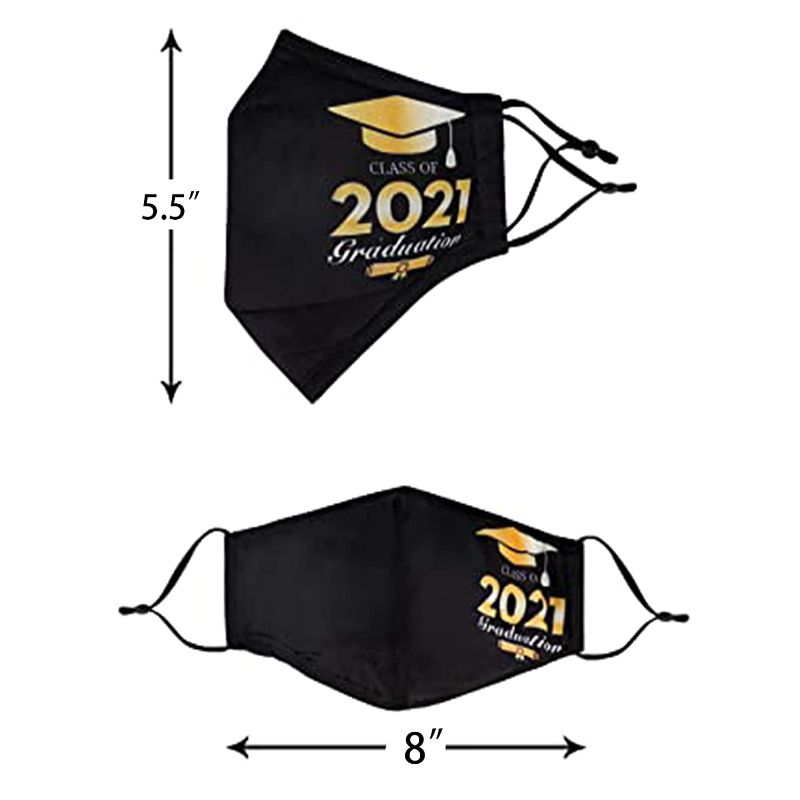 Photo 1 of 2021 Black Graduation Face Mask Senior Year Ceremony Commencement Designer Cloth Breathable Women Men Reusable Washable Adjustable Nose Wire Cubre Bocas 4 Pack Spandex Printed Comfortable Fabric Gold
