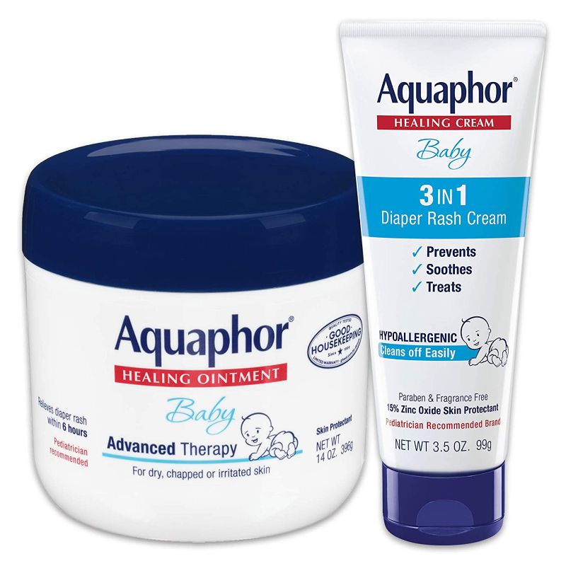 Photo 1 of Aquaphor Baby Skin Care Set - Includes 14 Oz. Jar of Advanced Healing Ointment & 3.5 Oz Tube of Diaper Rash Cream, 2 Piece Set, 1 Count EXP 11/2021
