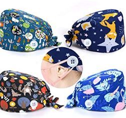 Photo 1 of 4 Pack Cute Printed Working Cap with Button and Sweatband Bouffant Turban Cap Adjustable Tie Back Hats for Women Men