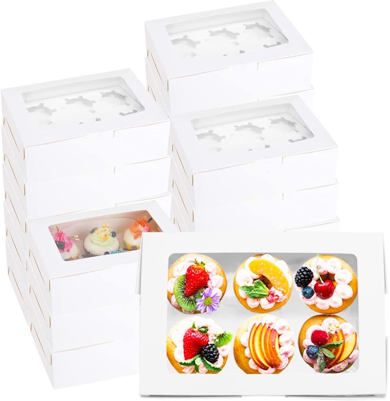 Photo 1 of 20 Pack White Cupcake Boxes with Inserts and Window Hold 6 Standard Cupcakes,Large Bakery Boxes,Food Grade Cake Carrier Container for Muffins,Cookies and Pies