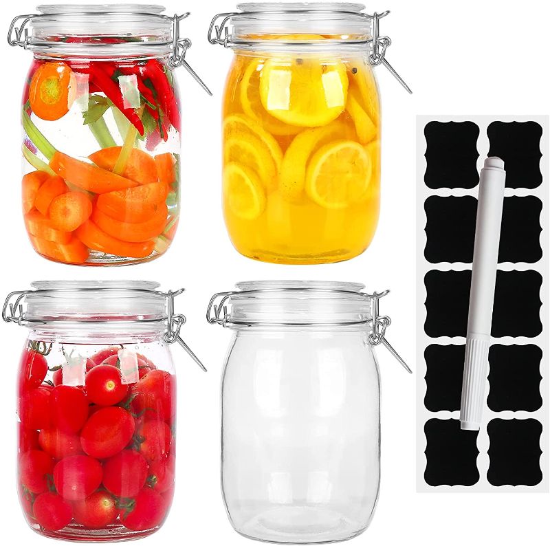 Photo 1 of 32oz Airtight Jars,Spice Jars, Leak Proof Storage Container Jar,Glass Food Jars with Labels & Chalkboard Pen and Silicone Gaskets, Set of 4
