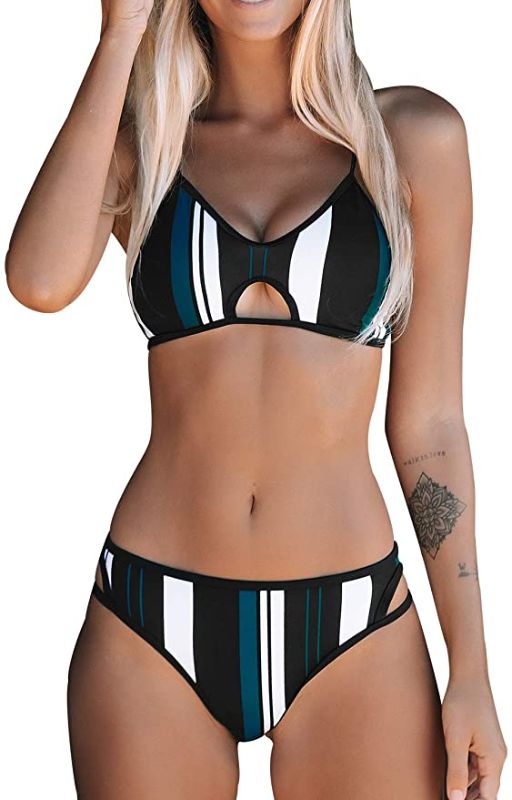 Photo 1 of CUPSHE Women's Blue White Striped Adjustable Strap Bikini Sets, SIZE S