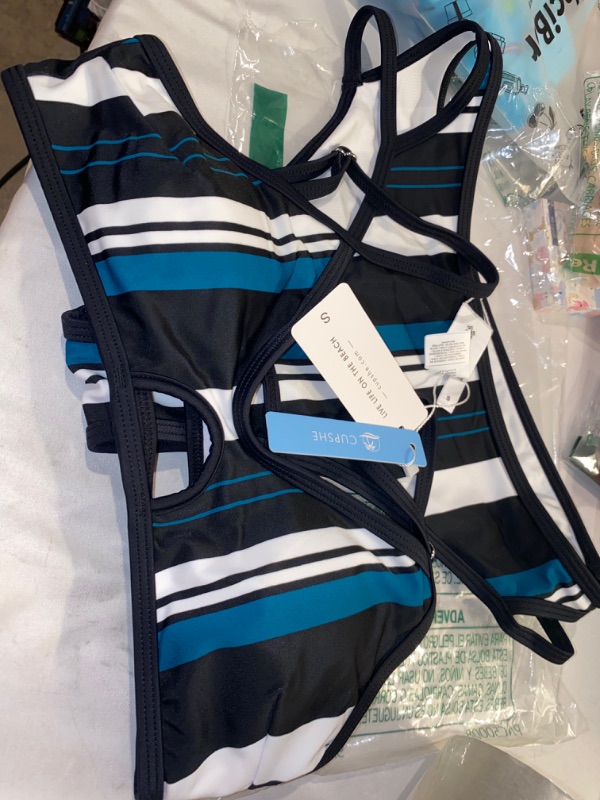 Photo 2 of CUPSHE Women's Blue White Striped Adjustable Strap Bikini Sets, SIZE S