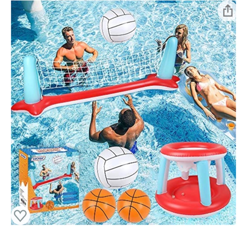 Photo 1 of Pool Floats Toys, Inflatable Pool Volleyball Set & 3 Balls with Basketball Hoops Party Swimming Game Toy for Kids and Adults, Floating Water Play Gift Summer Floaties, Volleyball Net (115”x30”x37”)