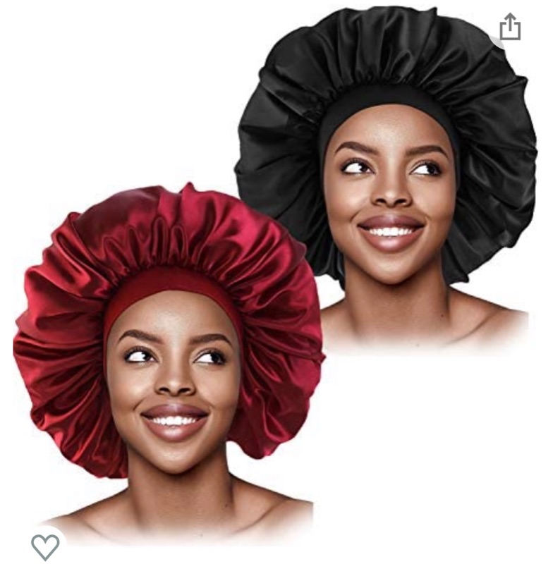 Photo 1 of L'VOW 2 Pack Large Satin Bonnet Sleep Cap Silky Night Hat with Wide Elastic Band for Women Hair Loss Curly Natural Long Hair(Black,Wine)