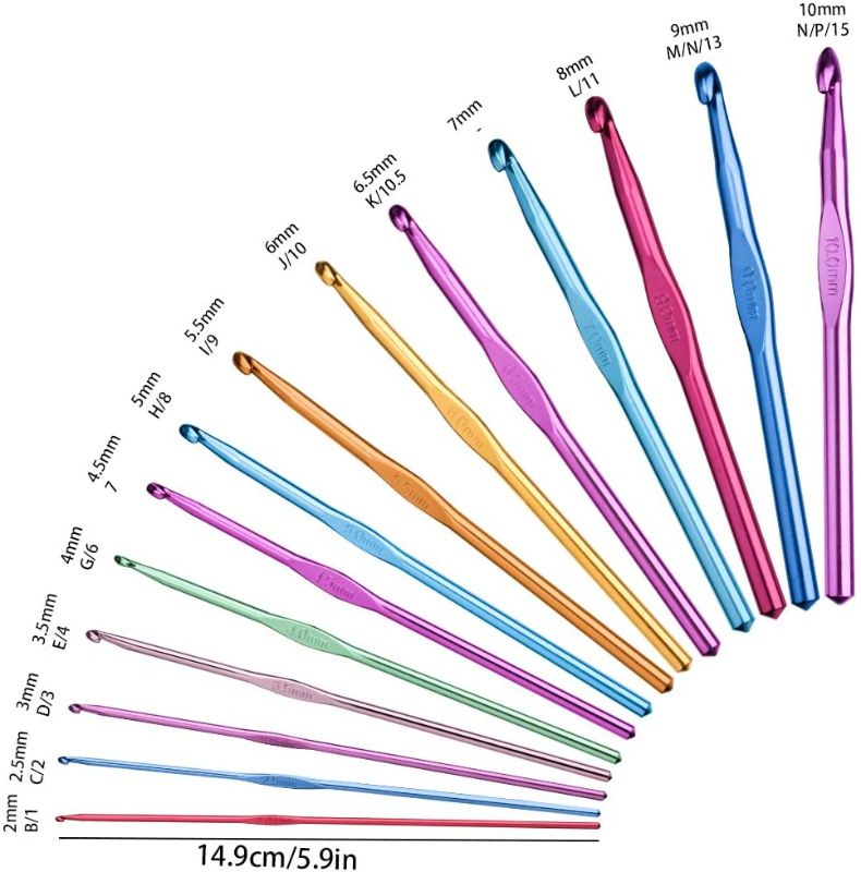 Photo 1 of 14 Sizes Crochet Hooks Set Multi-Color Metallic Plated, Tomorotec Art Aluminum Knitting Needles for Yarn Craft Set with Stitch Markers and Big Eye Needles
