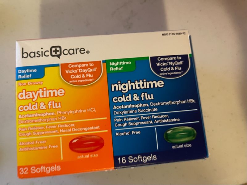 Photo 2 of Amazon Basic Care Cold Flu Relief Multi-Symptom Daytime Night time Combo Pack Softgels; Cold Medicine
