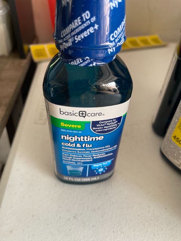 Photo 2 of Amazon Basic Care Vapor Ice Nighttime Severe Cold and Flu, Pain Reliever and Fever Reducer, Nasal Decongestant, Antihistamine and Cough Suppressant, 12 Fluid Ounces-2 PACK