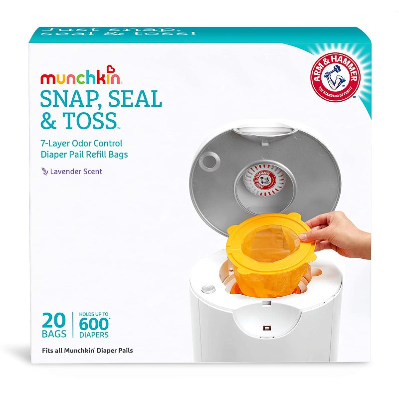 Photo 1 of Munchkin Arm and Hammer Diaper Pail Snap, Seal and Toss Refill Bags, Holds 600 Diapers, White 20 Count
