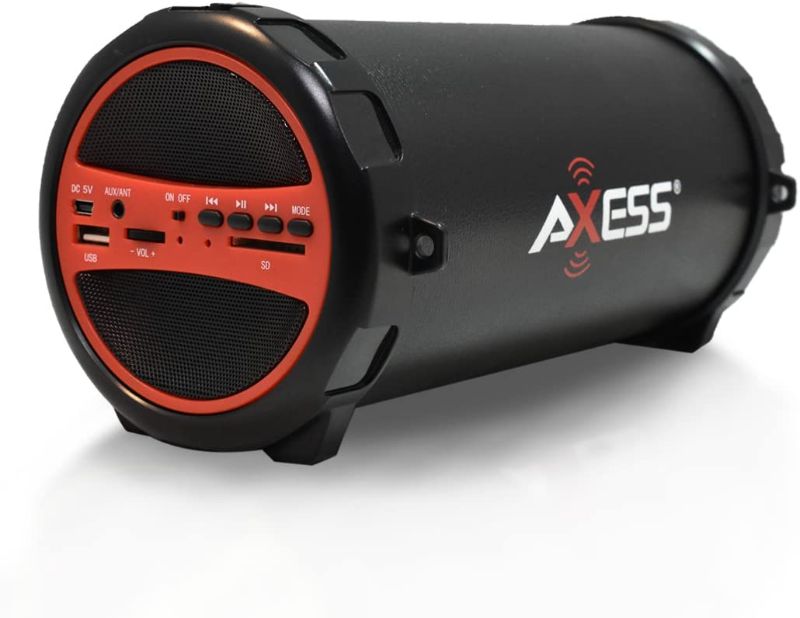 Photo 1 of AXESS SPBT1031 Portable Bluetooth Indoor/Outdoor 2.1 Hi-Fi Cylinder Loud Speaker with Built-In 3" Sub and SD Card, USB, AUX Inputs in Red
