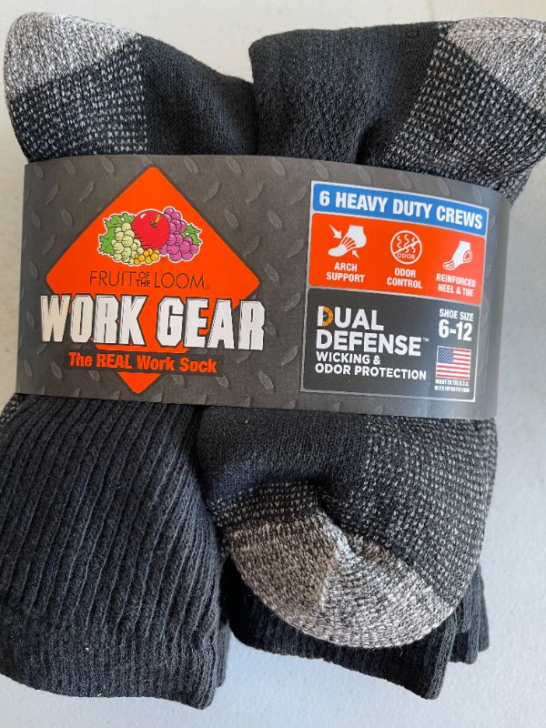 Photo 2 of Fruit of the Loom mens Cotton Work Gear Crew Socks | Cushioned, Wicking, Durable | 6 Pack