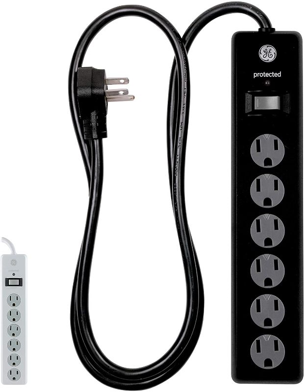 Photo 1 of GE 6-Outlet Surge Protector, 8 Ft Extension Cord, Power Strip, 1300 Joules, Flat Plug, Twist-to-Close Safety Covers, Protected Indicator Light, UL Listed, Black, 33662