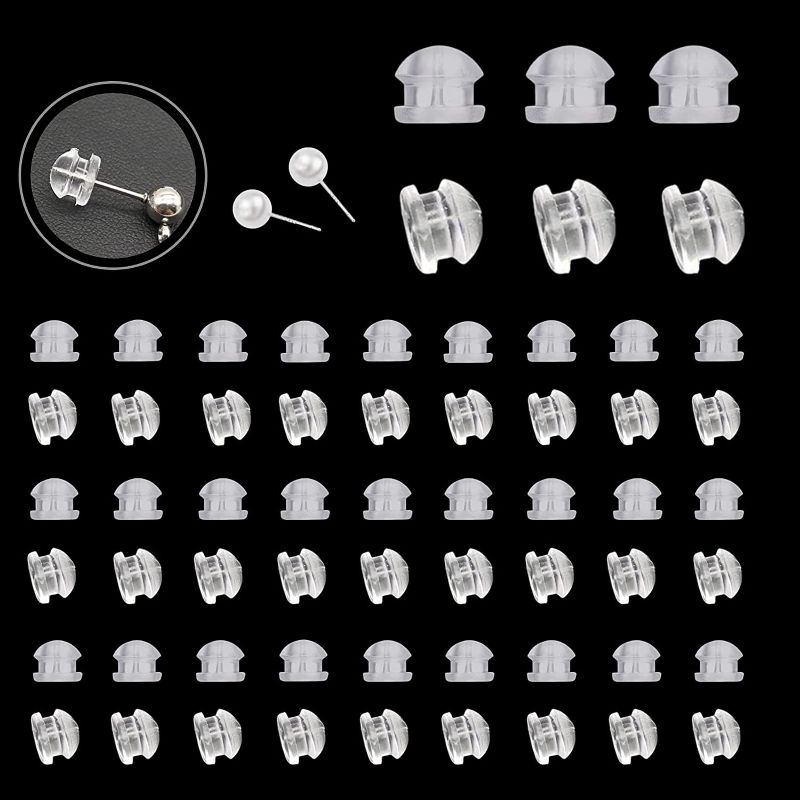 Photo 1 of 60PCS-- Safety Earring Lifters, Clear Hamburger Silicone Earring Backs Soft Ear Safety Back Pads Backstops for Women+1 Pair Pearl Ear Studs
-2 PACK
