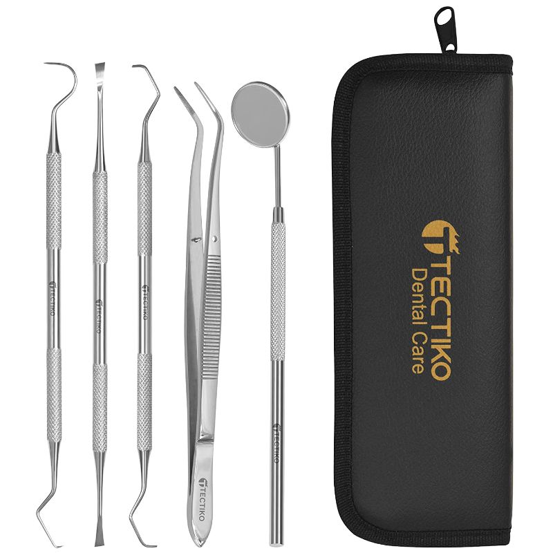 Photo 1 of T TECTIKO Professional Dental Hygiene Kit, Stainless Steel Tartar Scraper, Dental Tools Calculus and Plaque Remover Set - 5 Piece Teeth Cleaning Dentist Scaler Picks with Leather Pouch
